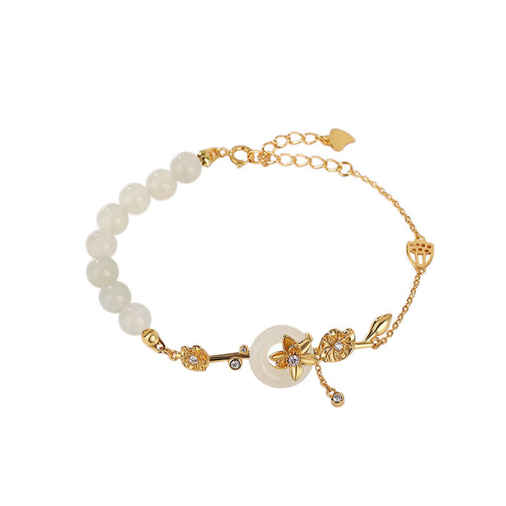 Buddha Stones 925 Sterling Silver Hetian Jade Peace Buckle Lotus Luck Chain Bracelet - image 5