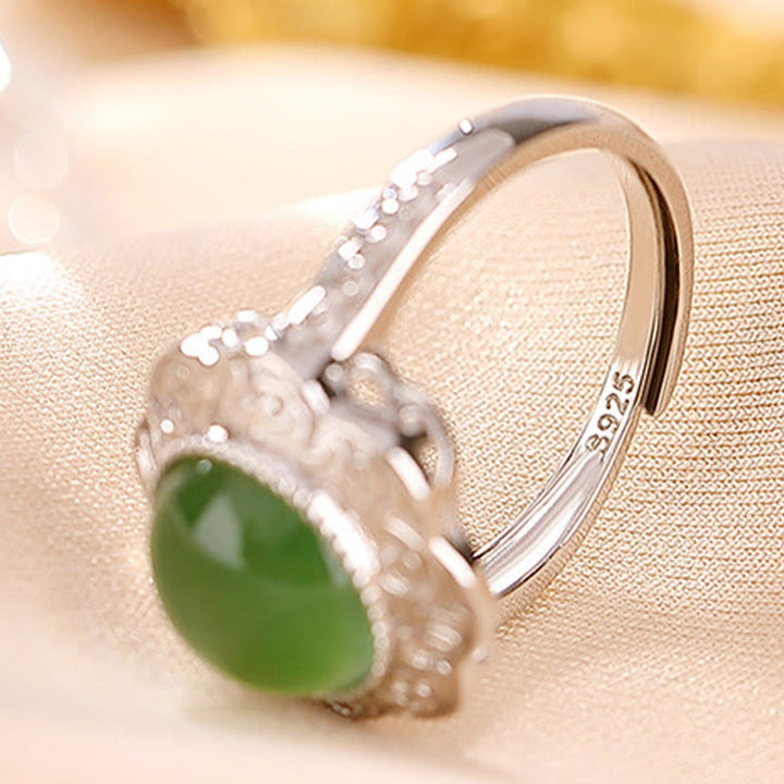 Buddha Stones 925 Sterling Silver Hetian Cyan Jade Flower Design Luck Adjustable Ring - image 4