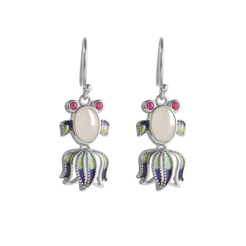 925 Sterling Silver Hetian White Jade Red Agate Cute Fish Happiness Drop Earrings - Silver - Hetian White Jade(Protection♥Happiness) - image 4