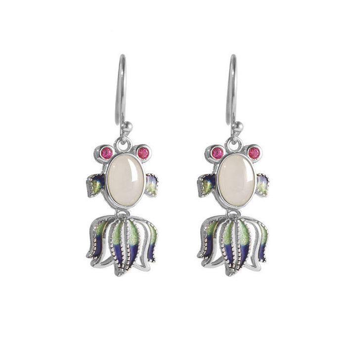 925 Sterling Silver Hetian White Jade Red Agate Cute Fish Happiness Drop Earrings - Silver - Hetian White Jade(Protection♥Happiness) - image 4
