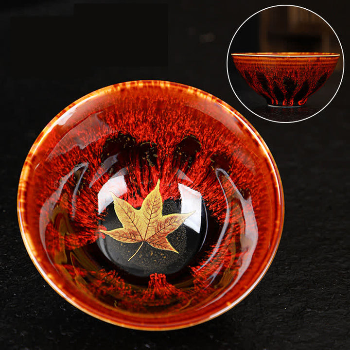 Buddha Stones Maple Leaf Colorful Ceramic Teacup Home Tea Cups - 9.5cm*4.5cm*110ml - Red - image 4