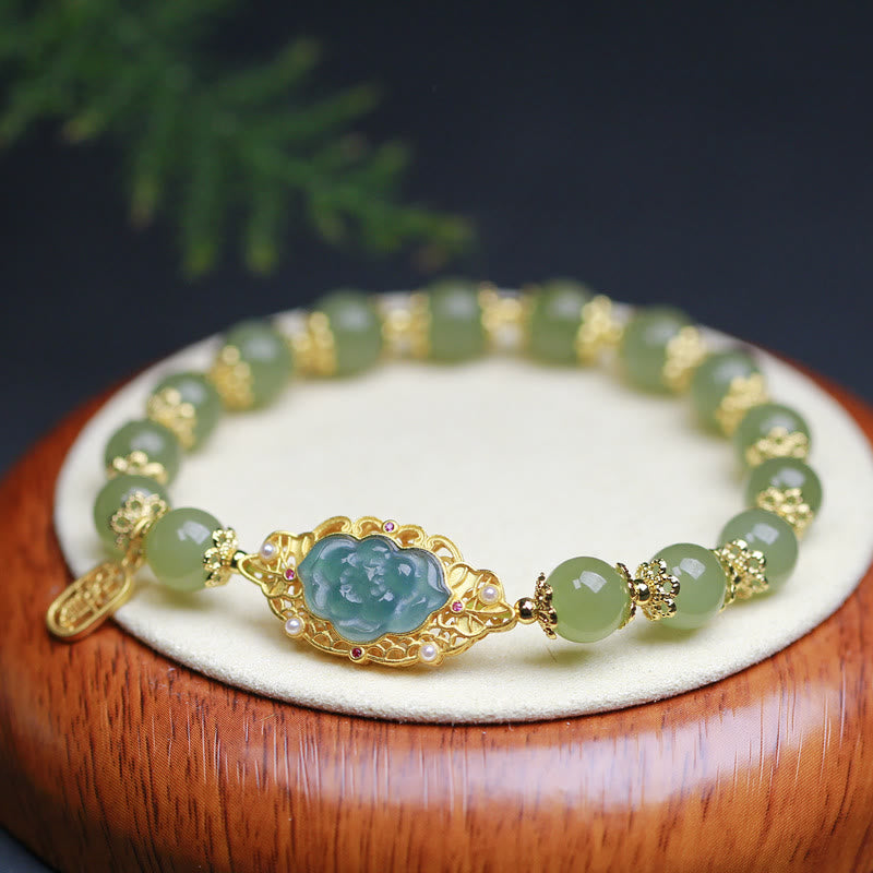14K Gold Plated 925 Sterling Silver Hetian Jade Lotus Luck Bracelet - Hetian Jade(Prosperity♥Abundance) - image 0