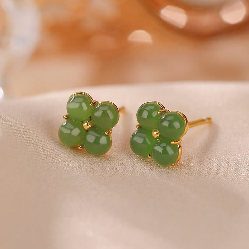Buddha Stones 925 Sterling Silver Plated Gold Natural Cyan Jade Four Leaf Clover Luck Stud Earrings - Cyan Jade(Success♥Healing) - image 0