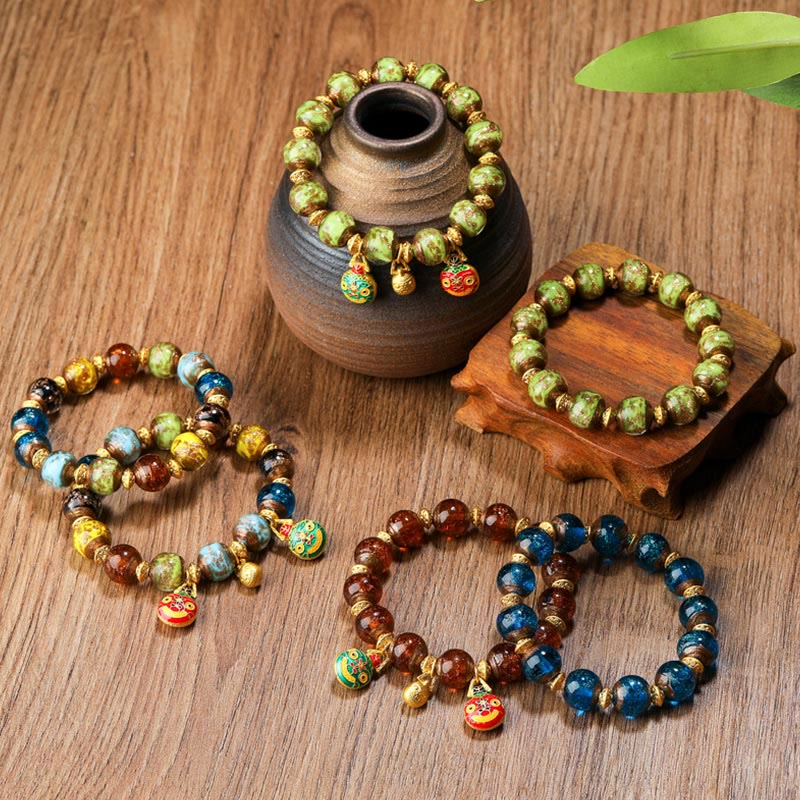 Buddha Stones Gold Swallowing Beast Family Charm Liuli Glass Bead Fortune Bracelet - image 0