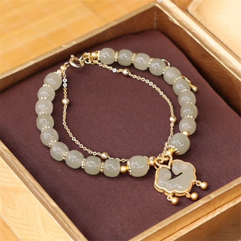 Buddha Stones 14K Gold Plated Natural Hetian Jade Wish Lock Bell Chain Bracelet - Hetian Jade(Prosperity♥Abundance) - image 0