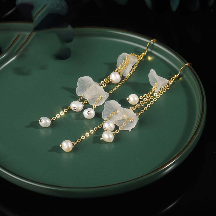 Buddha Stones Pearl Flower Petals Luck Drop Earrings - image 2