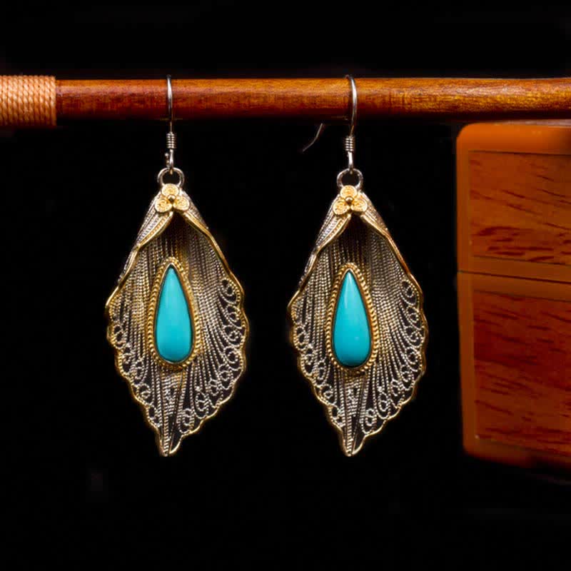 Buddha Stones 925 Sterling Silver Turquoise Bodhi Leaf Pattern Protection Drop Dangle Earrings - image 7