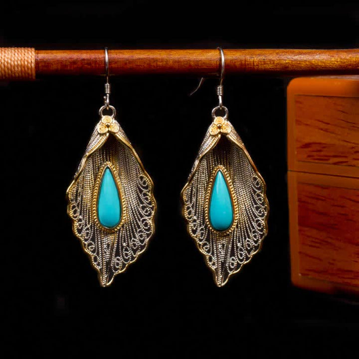 Buddha Stones 925 Sterling Silver Turquoise Bodhi Leaf Pattern Protection Drop Dangle Earrings - image 7