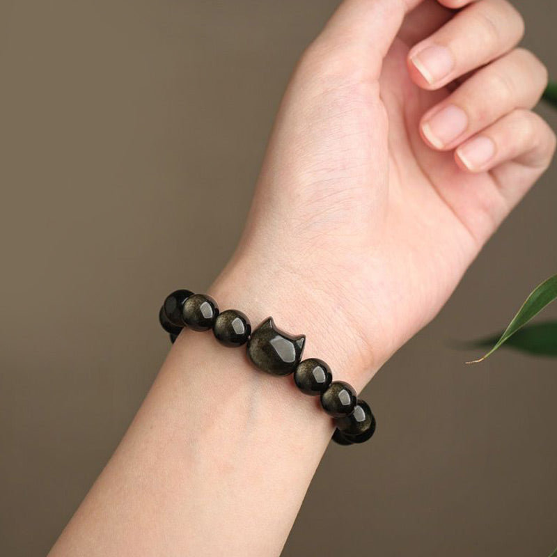 Buddha Stones Gold Sheen Obsidian Silver Sheen Obsidian Lovely Paw Lucky Cat Protection Bracelet - image 6