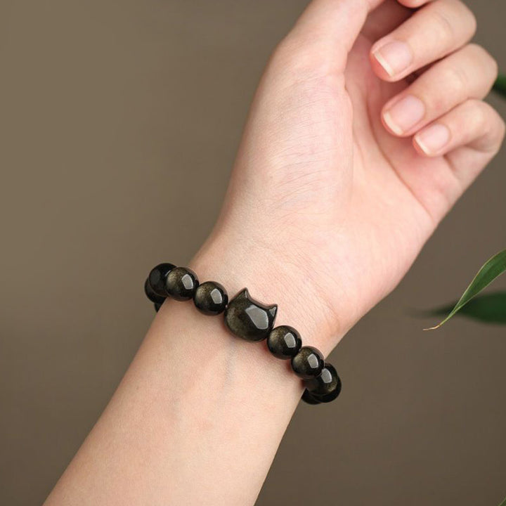 Buddha Stones Gold Sheen Obsidian Silver Sheen Obsidian Lovely Paw Lucky Cat Protection Bracelet - image 6