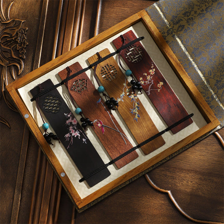 Buddha Stones 4Pcs Four Seasons Plum Orchid Bamboo Chrysanthemum Peking Opera Mask Wood Bookmarks With Gift Box - image 3