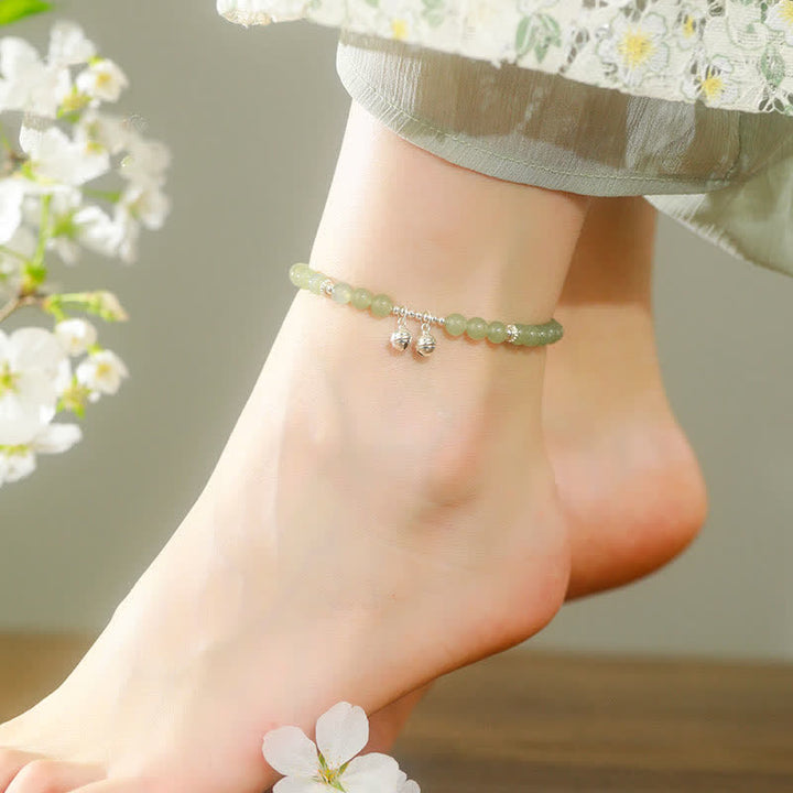 925 Sterling Silver Natural Hetian Jade Prosperity Bell Charm Anklet - image 6