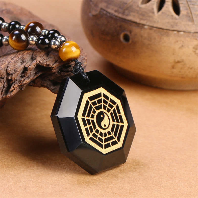 Buddha Stones Bagua Yin Yang Black Obsidian Purification Beaded Necklace Pendant - image 5