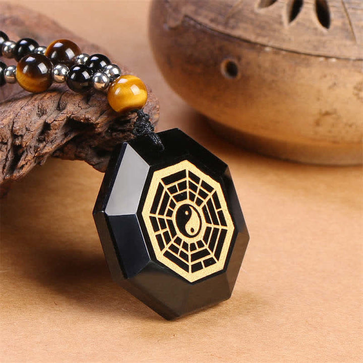 Buddha Stones Bagua Yin Yang Black Obsidian Purification Beaded Necklace Pendant - image 5