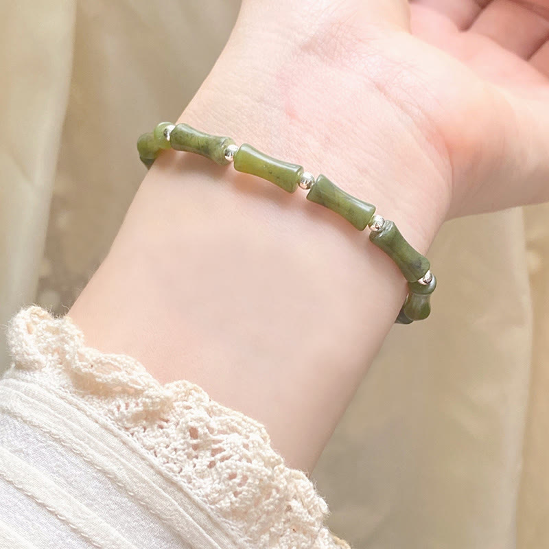 Buddha Stones 925 Sterling Silver Bamboo Jade Lucky Cat Fu Character Luck Abundance Bracelet - image 6