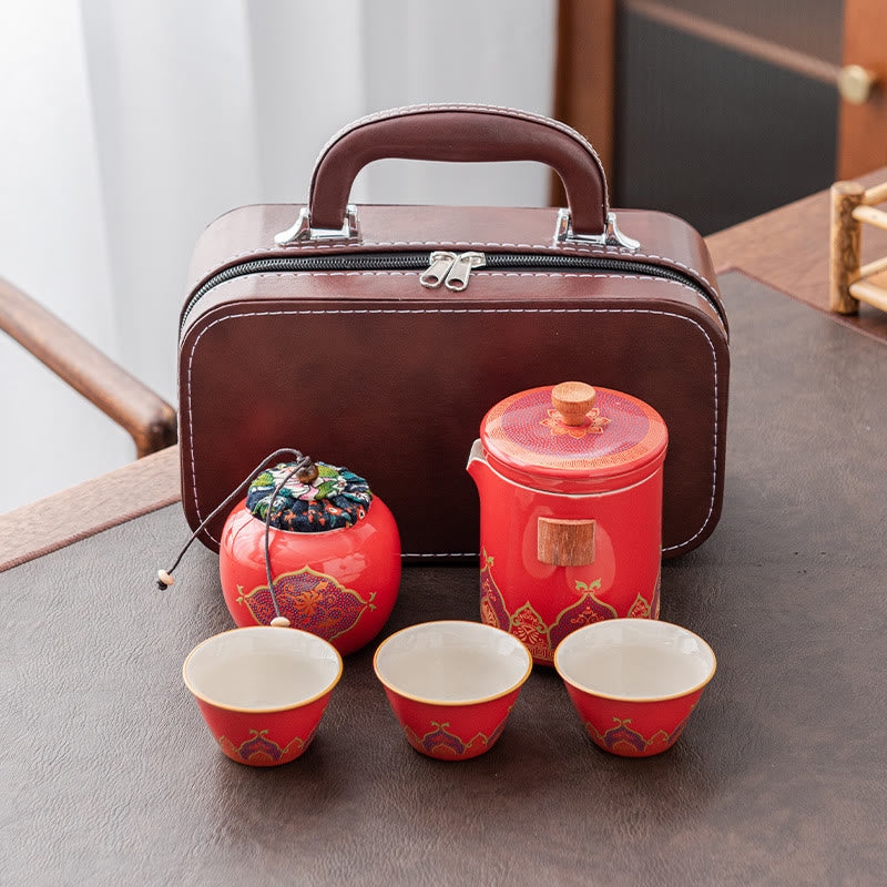 Buddha Stones Flower Chinese Gongfu Ceramic Teapot Portable Outdoor Travel Tea Set Bag - Red - 1 Teapot+3 Cups+1 Handbag+1 Tea Can - image 25