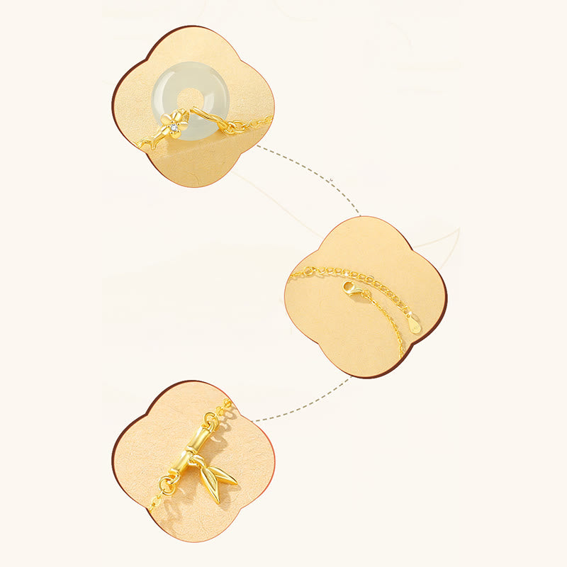 Buddha Stones 925 Sterling Silver Hetian Jade Chalcedony Peace Buckle Bamboo Leaf Prosperity Chain Bracelet - image 5