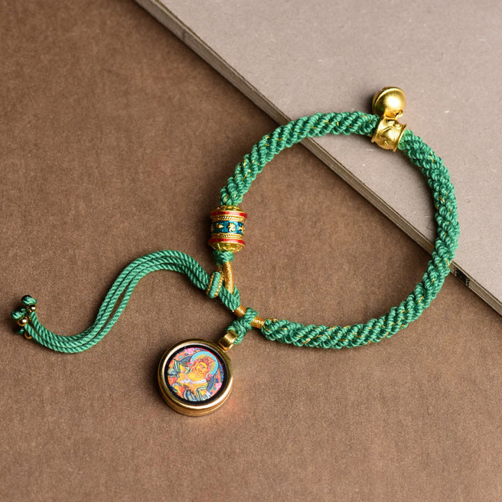 Buddha Stones Tibetan Five God Of Wealth Thangka Luck Prayer Wheel Bell Braid String Bracelet - Yellow God Of Wealth(Wrist Circumference 14-19cm) - image 8