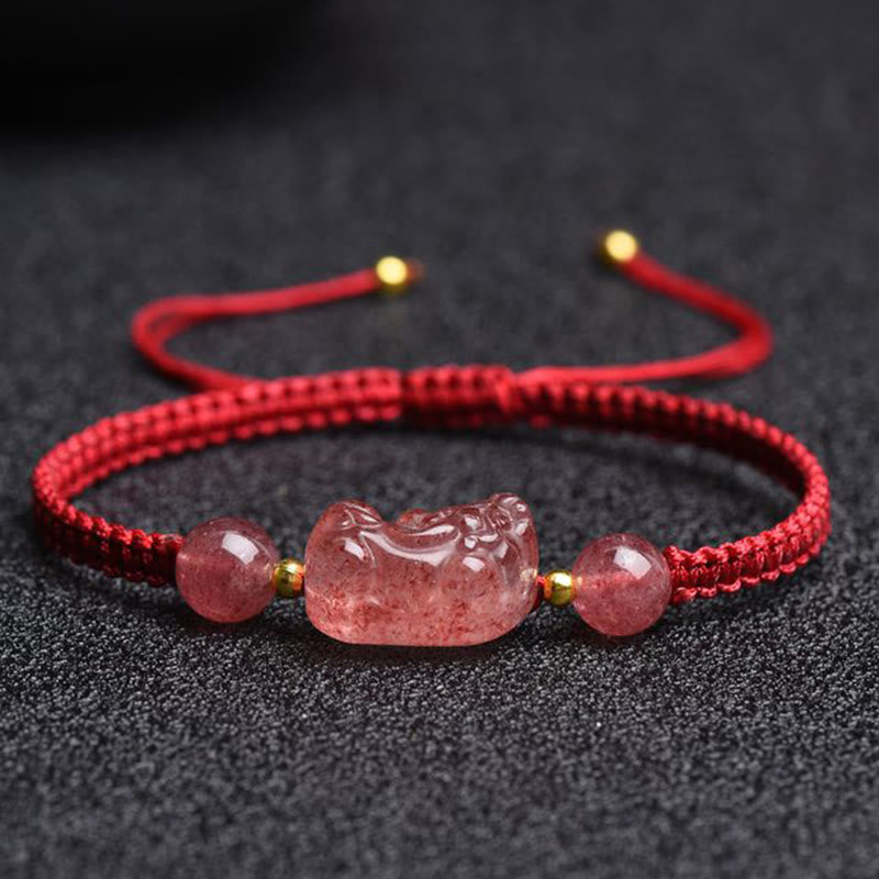 Buddha Stones Natural Strawberry Quartz PiXiu Lucky Red String Bracelet - image 5