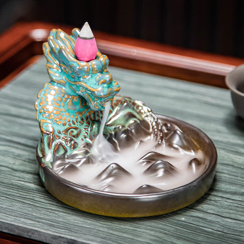 Dragon Pattern Ceramic Backflow Smoke Fountain Incense Burner Decoration - Green - image 0