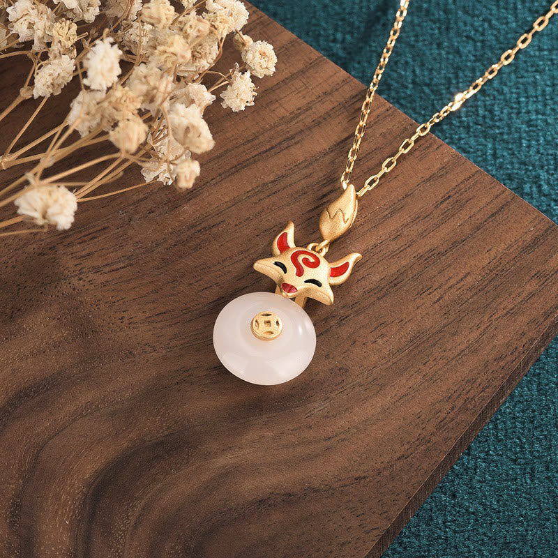 Buddha Stones White Jade Fox Copper Coin Protection Luck Necklace Pendant - image 2