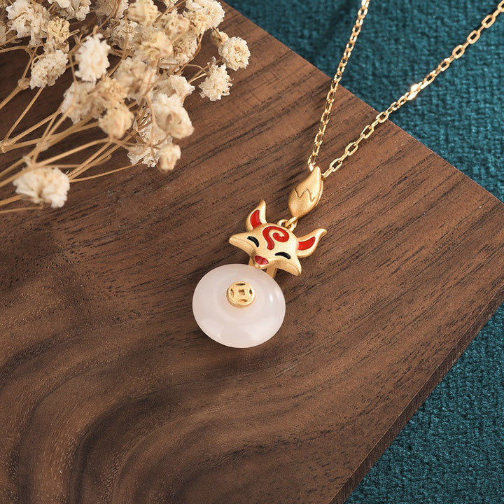 Buddha Stones White Jade Fox Copper Coin Protection Luck Necklace Pendant - image 2