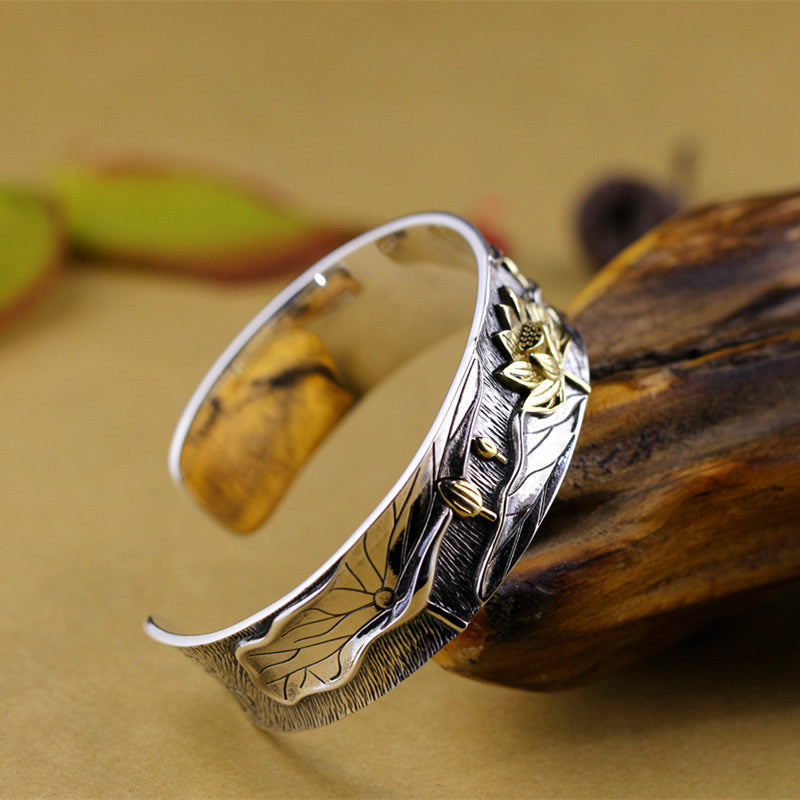 Buddha Stones 925 Sterling Silver Lotus Flower Calm Bracelet Adjustable Bangle - image 3