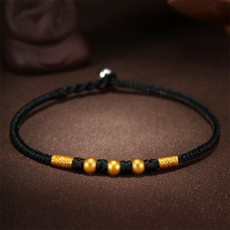 Buddha Stones 999 Gold Beads Luck King Kong Knot Handmade Braided Protection Bracelet - Three Gold Beads - Black Rope - 24cm - image 12