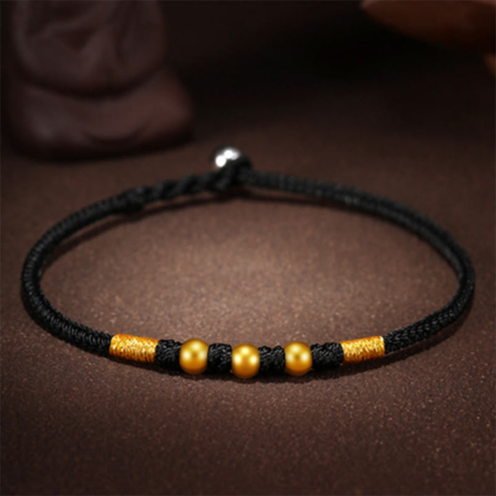 Buddha Stones 999 Gold Beads Luck King Kong Knot Handmade Braided Protection Bracelet - Three Gold Beads - Black Rope - 24cm - image 12