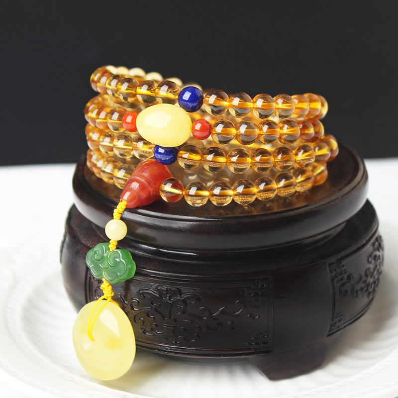 108 Mala Beads Natural Citrine Amber Peace Buckle Red Agate PiXiu Protection Charm Bracelet - image 1
