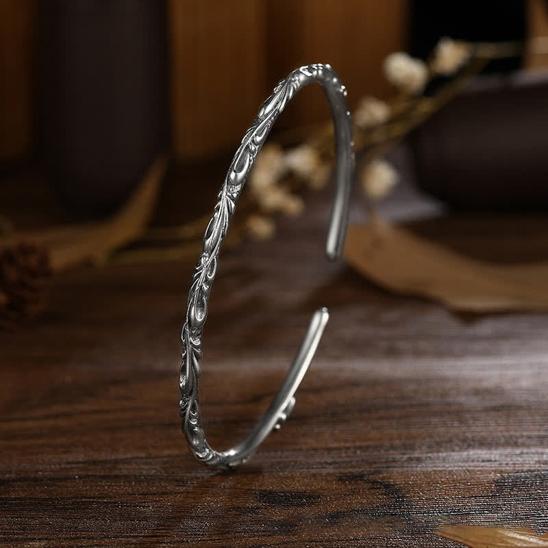 Buddha Stones 925 Sterling Silver Handmade Vines Engraved Protection Bracelet Bangle - image 1