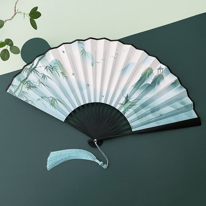 Buddha Stones Retro Lotus Flower Leaf Mountain Lake Handheld Folding Fan With Bamboo Frames - Mountain Bamboo Lake - Black Bamboo Frames - image 14