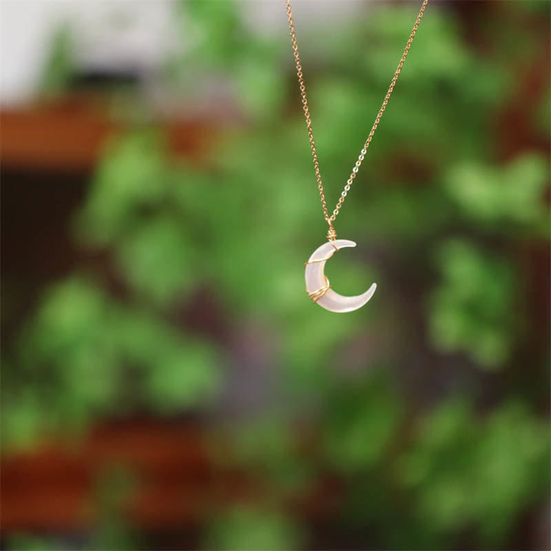 Buddha Stones Natural Tridacna Stone Crescent Moon Blessing Necklace Pendant - image 3