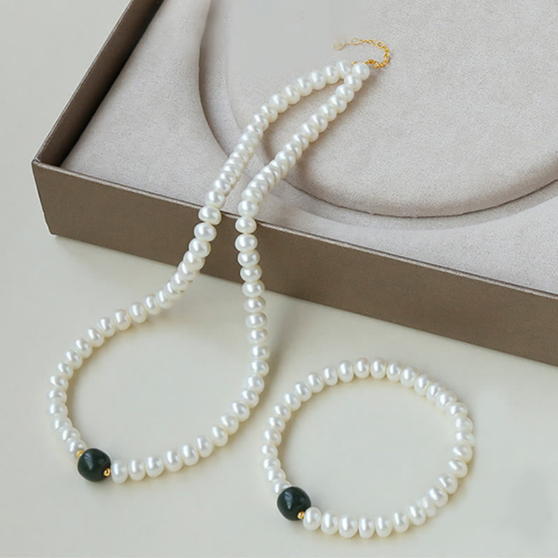 Buddha Stones 925 Sterling Silver Natural Pearl Hetian Jade Aquamarine Wisdom Sincerity Necklace Pendant Bracelet - Necklace&Bracelet - Pearl Hetian Jade Alloy 40cm - image 0