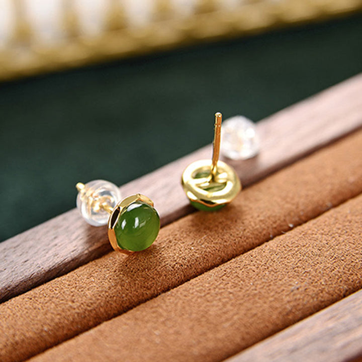Buddha Stones 925 Sterling Silver Plated Gold Natural Hetian Cyan Jade Bead Luck Stud Earrings - image 3