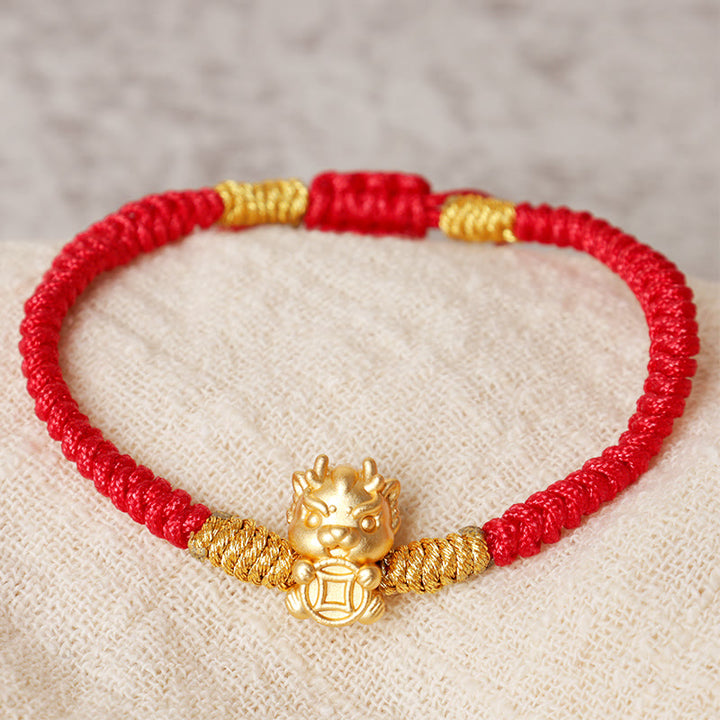 Buddha Stones 999 Sterling Silver Year of the Dragon Copper Coin Fortune Dragon Fu Character Luck Handcrafted Red String Braided Bracelet - image 2