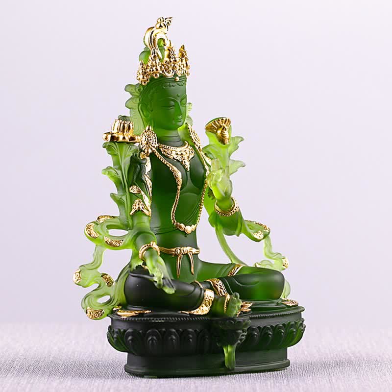 Buddha Stones Bodhisattva Green Tara Handmade Liuli Crystal Art Piece Protection Home Office Statue Decoration - image 6