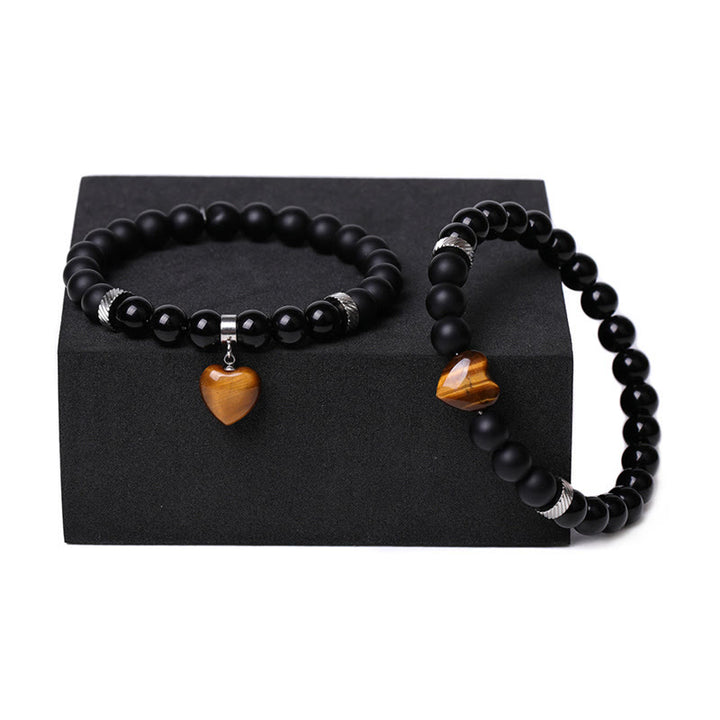 Buddha Stones 2Pcs Black Onyx Crystal Stone Love Heart Protection Support Couple Bracelet - image 2