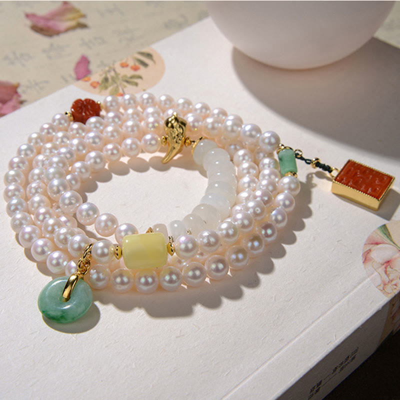 Buddha Stones 925 Sterling Silver Pearl Hetian Jade Red Agate Double Happiness Amber Luck Quadruple Wrap Bracelet - image 7