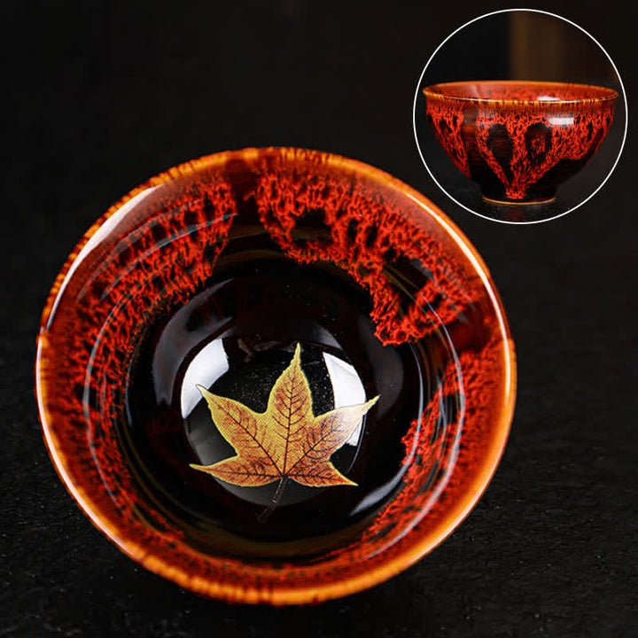 Buddha Stones Maple Leaf Colorful Ceramic Teacup Home Tea Cups - 8cm*4.5cm*90ml - Red - image 13