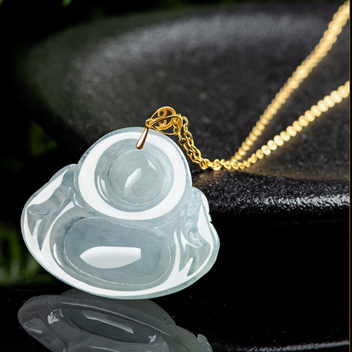Buddha Stones Laughing Buddha Natural Jade Abundance Titanium Steel Chain Necklace Pendant - image 6
