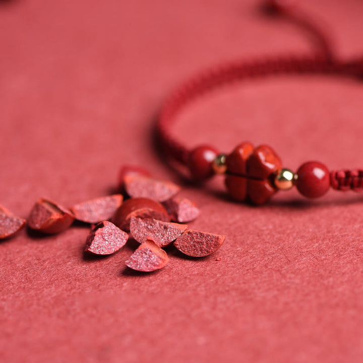 Buddha Stones Four Leaf Clover Five-petal Flower Cinnabar Blessing Red String Bracelet - image 4