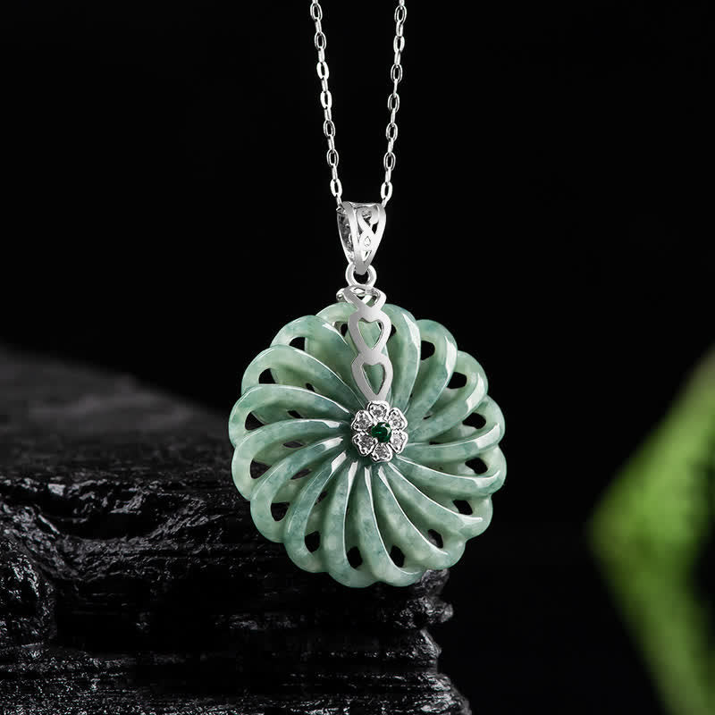 Buddha Stones 925 Sterling Silver Natural Round Jade Peace Buckle Abundance Necklace Pendant - image 1
