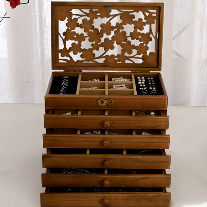 Buddha Stones Vintage Plum Blossom Carved Wooden Jewelry Box Six-Layer Jewelry Storage Box - image 22