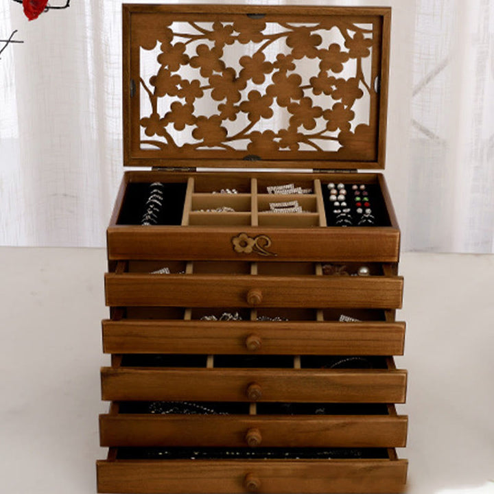 Buddha Stones Vintage Plum Blossom Carved Wooden Jewelry Box Six-Layer Jewelry Storage Box - image 22