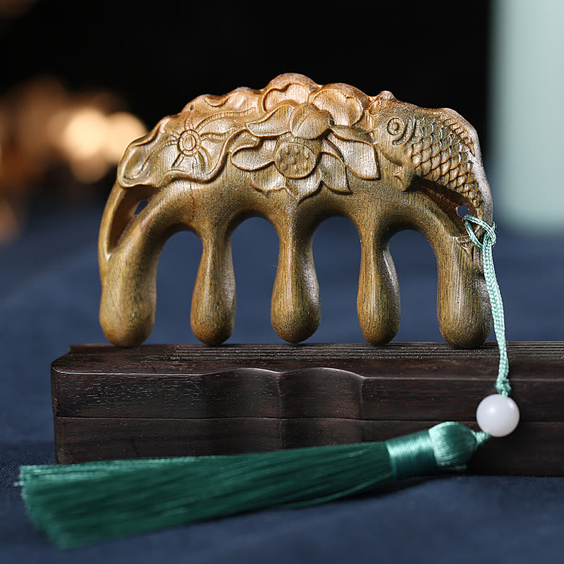 Green Sandalwood Plum Blossom Flowers Lotus Koi Fish Engraved Soothing Tassel Comb - Green Sandalwood Koi Fish Lotus - image 17