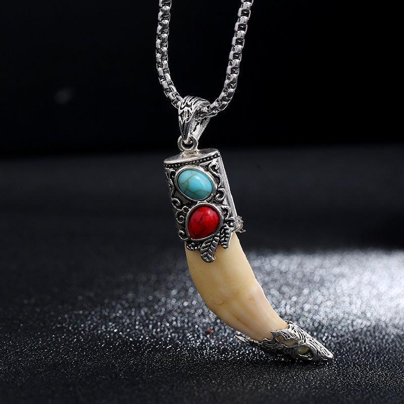 Buddha Stones Imitation Wolf Tooth Titanium Steel Balance Necklace Pendant - image 0