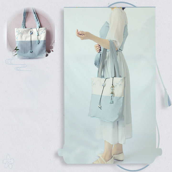 Buddha Stones Pear Flower Plum Peach Blossom Bamboo Embroidery Canvas Large Capacity Shoulder Bag Tote Bag - image 25