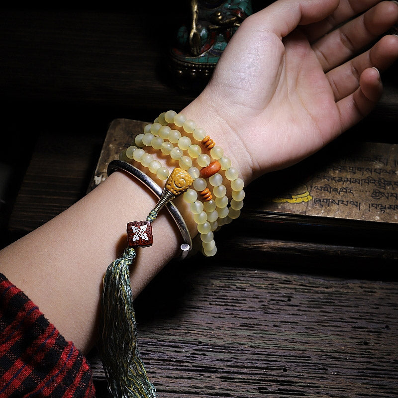 Buddha Stones 108 Mala Beads Tibet Sheep Horn Amber Luck Bracelet - image 6