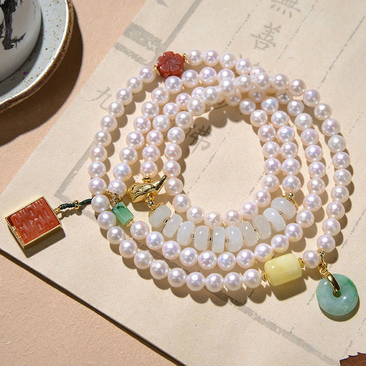 Buddha Stones 925 Sterling Silver Pearl Hetian Jade Red Agate Double Happiness Amber Luck Quadruple Wrap Bracelet - Pearl(Healing♥Wisdom) - image 0